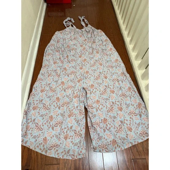 World Market Floral Wide Leg Jumpsuit Blue Pink Boho Tie Shoulder L/XL - Picture 1 of 5